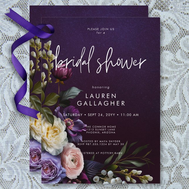 Invitation Moody foncé violet et crème Fête des mariées flora (Dark Moody Purple & Cream Floral Bridal Shower Invitation)