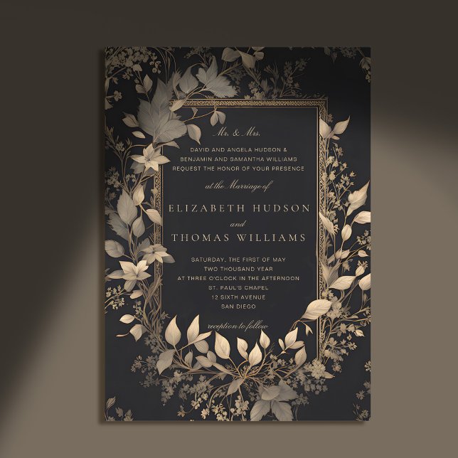 Invitation Moody Forest Botanical Classic Gold Patina Mariage (moody forest wedding invitation botanical frame black gold vintage elegant classic traditional paren)
