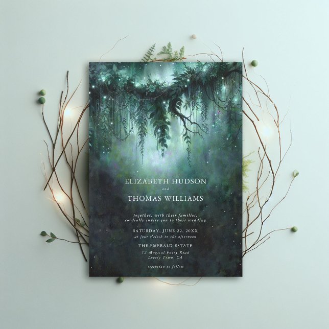 Invitation Moody Forest enchanted Bleu moderne Mariage foncé (moody forest wedding enchanted fairy tale faerie woodland magical bespoke elegant blue modern)