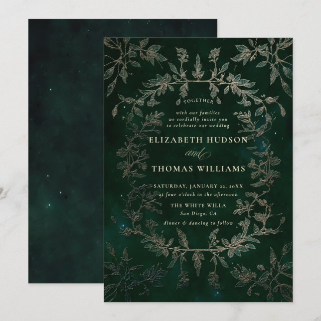 Invitation Moody Forest Faux Embossés Mariage moderne classiq (Devant / Derrière)