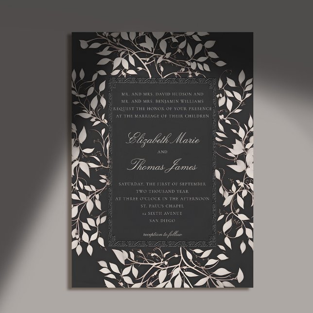 Invitation Moody Forest Foliage Classique Mariage (moody forest wedding invitation botanical frame black white elegant classic traditional parents)