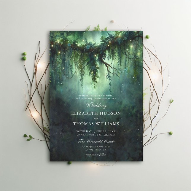 Invitation Moody Forest Green Enchanted Fairy Dark Mariage (moody forest wedding enchanted fairy tale faerie woodland magical bespoke elegant invitation)