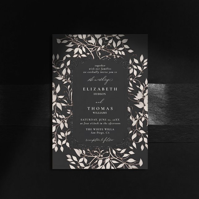 Invitation Moody Forest Noir Blanc Moderne Mariage classique (moody forest wedding invitation botanical frame black white elegant modern classic whimsical)
