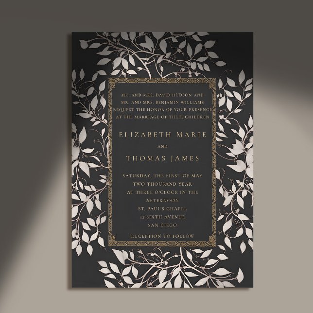 Invitation Moody Forest Patina Classique Mariage (moody forest wedding invitation botanical frame black white gold elegant classic traditional parents)