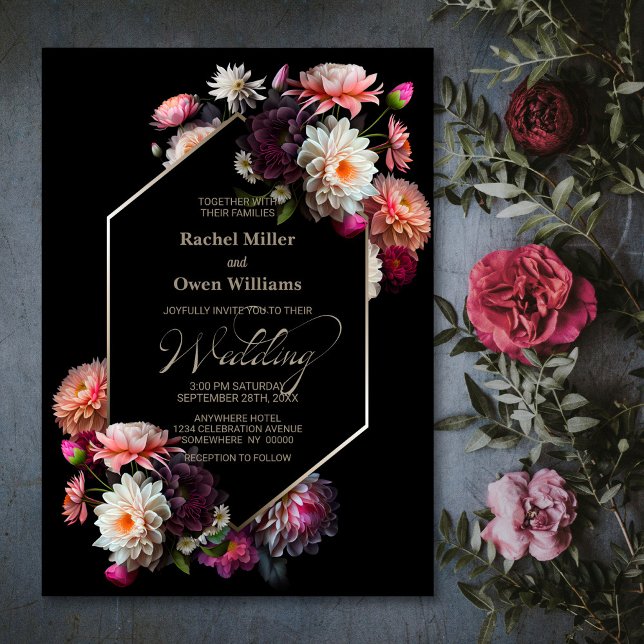 Invitation Moody Géométrique Noir Floral Mariage (Créateur téléchargé)