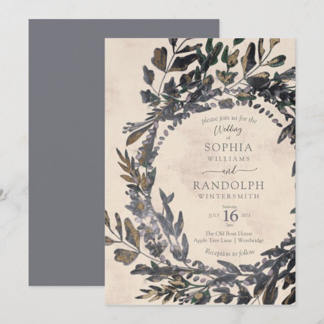 Invitation Moody Gothic Floral Wreath acier gris or (Devant / Derrière)
