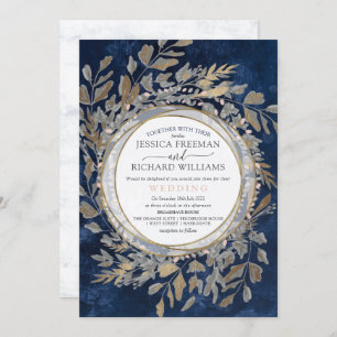Invitation Moody Gothic Floral Wreath, Navy et blush