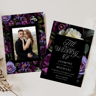Invitation Moody Gothic Purple Floral Mariage Photo