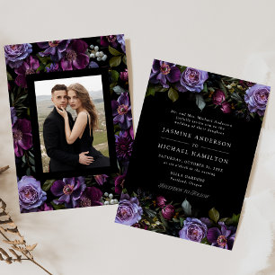 Invitation Moody Gothic Purple Floral Mariage Photo