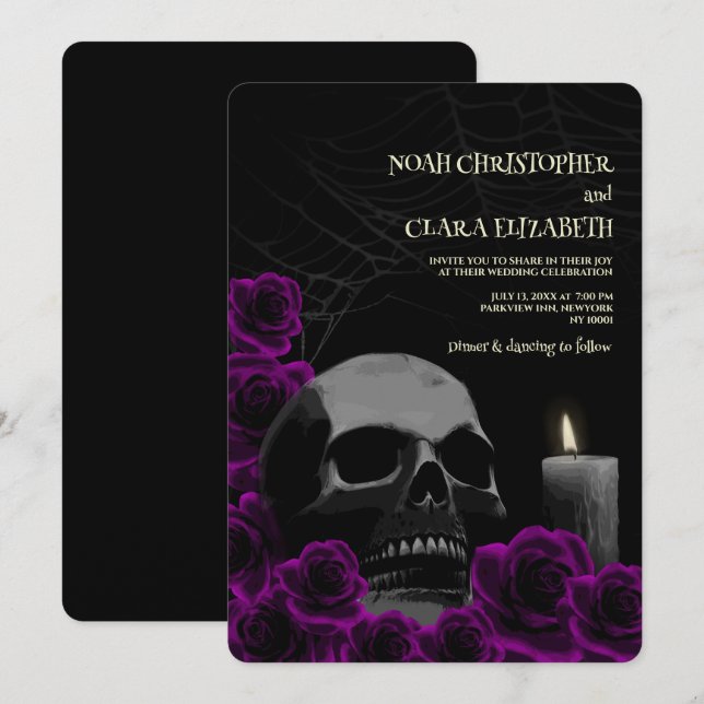 Invitation Moody Gothique Noir Violet Roses Halloween Crâne (Devant / Derrière)