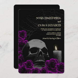 Invitation Moody Gothique Noir Violet Roses Halloween Crâne
