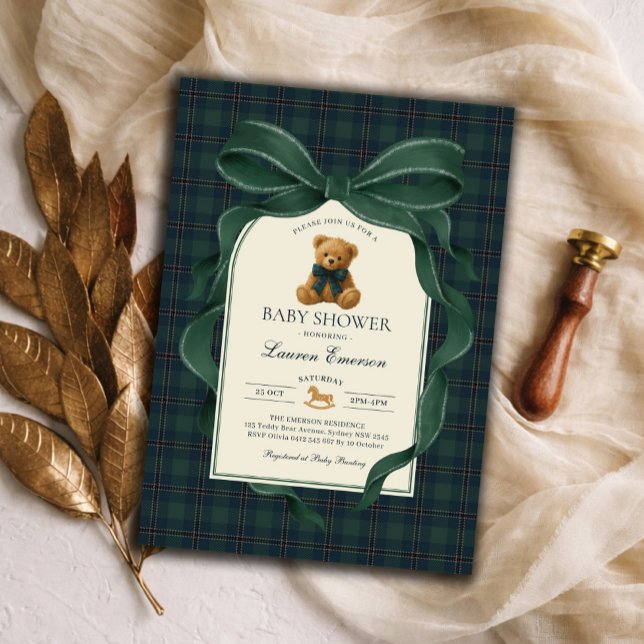 Invitation Moody Green Plaid Polo Teddy Bear Boy Baby Shower (Créateur téléchargé)