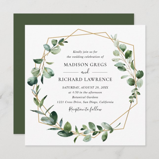 Invitation Moody Greenery avec Mariage de cadre géométrique o (Devant / Derrière)
