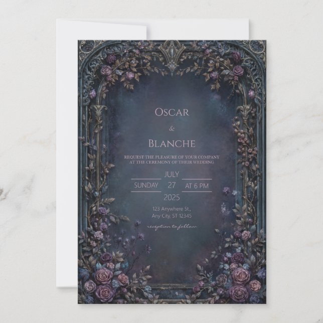 Invitation Moody Indigo Gothic Rose Archway Wedding (Devant)