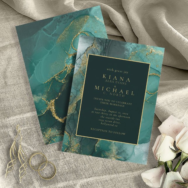 Invitation Moody Ink Emerald Gold ID Abstrait988 (Front and back )