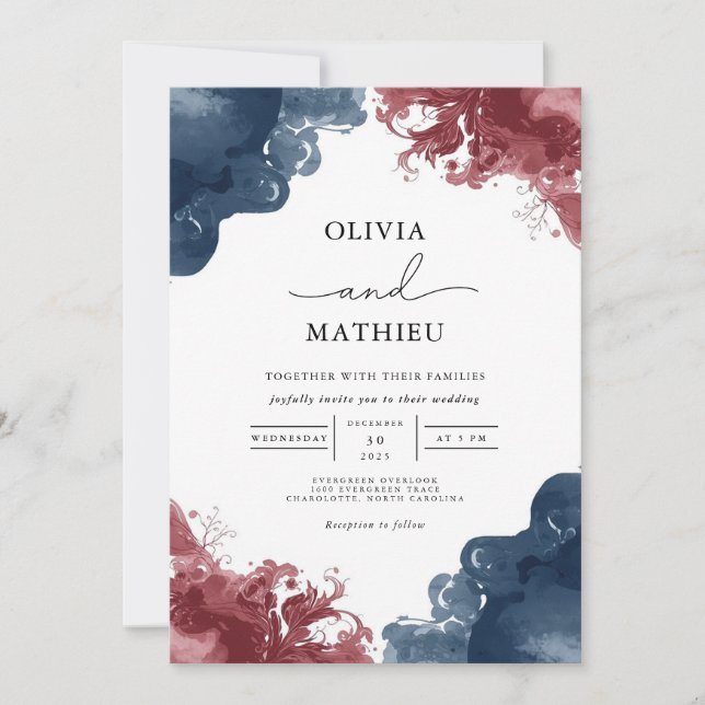Invitation Moody Ink Wash Mariage Floral (Devant)