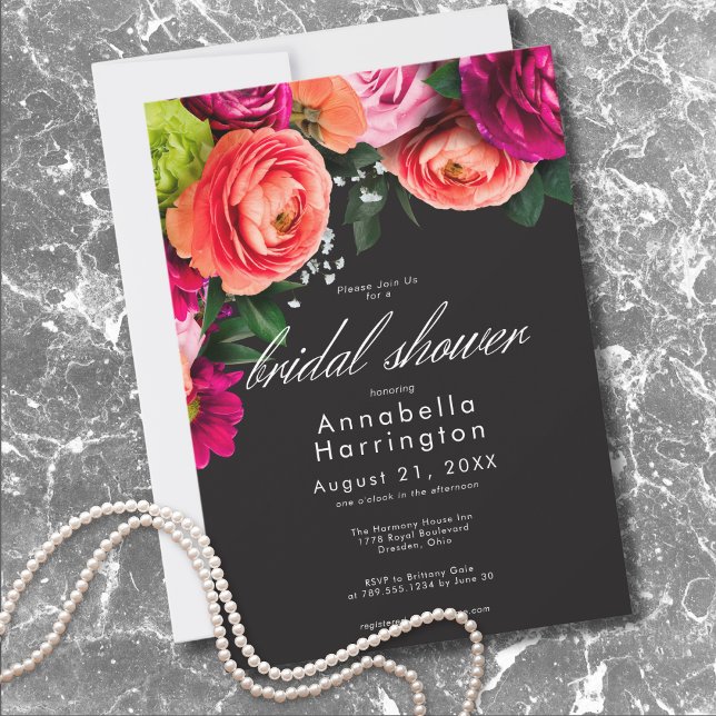 Invitation Moody Luxe Floral Vibrant Pink Black Bridal Shower (Moody Luxe Floral Vibrant Pink Black Bridal Shower Invitation)