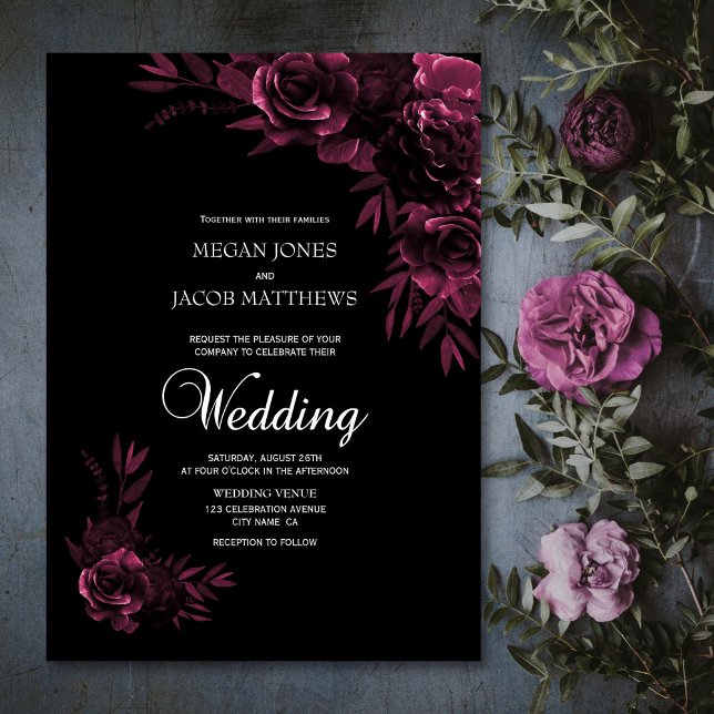 Invitation Moody Mariage floral noir et rose (Créateur téléchargé)
