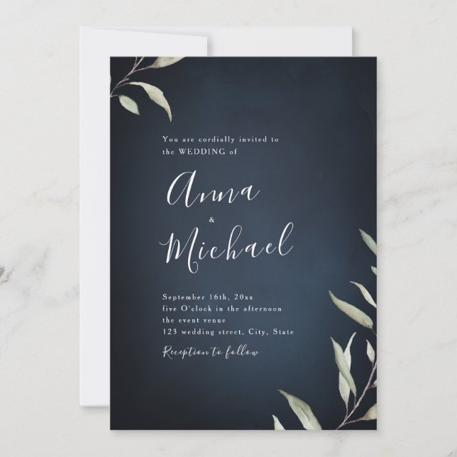 Invitation Moody marine minima botanique mariage (Devant)