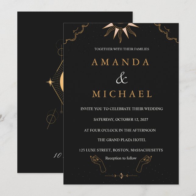 Invitation Moody Midnight Celestial Gold Foil Starry Night (Devant / Derrière)