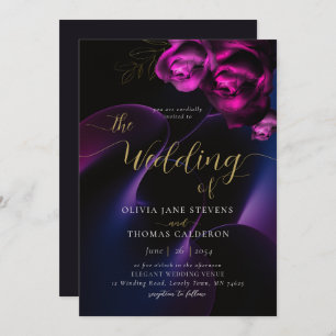 Invitation Moody moderne noir violet brillant Mariage floral