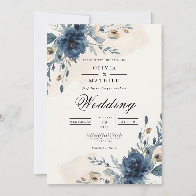 Invitation Moody Navy Floral Arch Mariage (Devant)