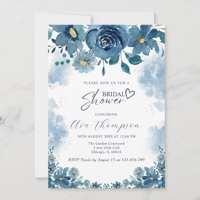 Invitation Moody Navy Smoke Floral Bridal Shower (Devant)