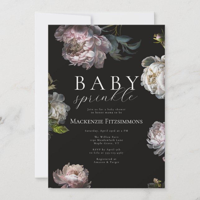Invitation Moody Peony Dark Floral Baby Sprinkle (Devant)