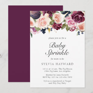 Invitation Moody Plum Floral et Fig Girl Baby Sprinky