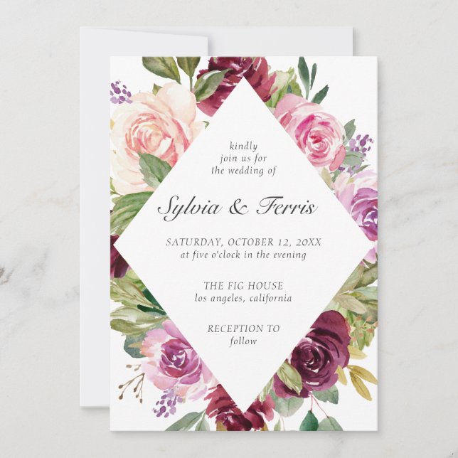 Invitation Moody Plum Mariage floral géométrique (Devant)