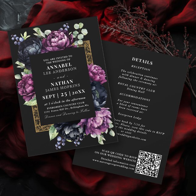Invitation Moody Purple Black Elegant Floral Mariage QR Code (Créateur téléchargé)