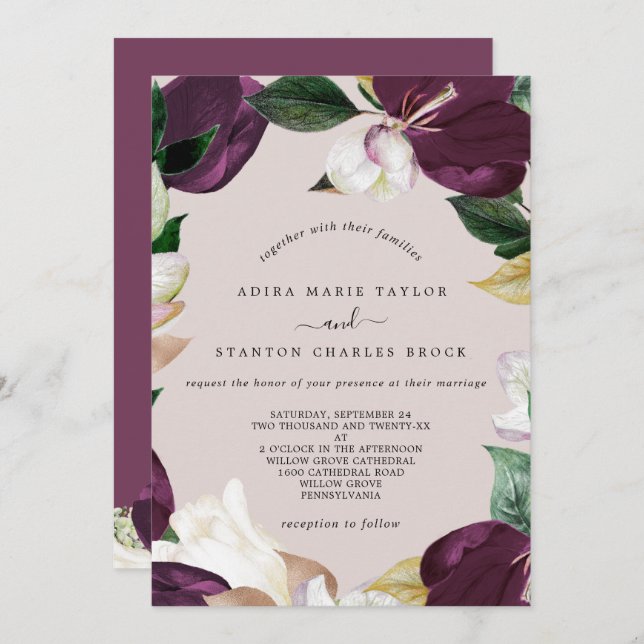 Invitation Moody Purple Blooms | Blush & Berry Le Mariage de (Devant / Derrière)