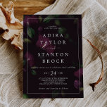 Invitation Moody Purple Blooms | Mariage Motif noir<br><div class="desc">Ce faire-part de mariage de motif noir à fleurs mauves est parfait pour un mariage moderne. L'élégant design floral présente des fleurs de tulipe violet de prune foncée aux feuilles vert émeraude.</div>