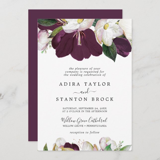 Invitation Moody Purple Blooms Mariage officiel (Devant / Derrière)