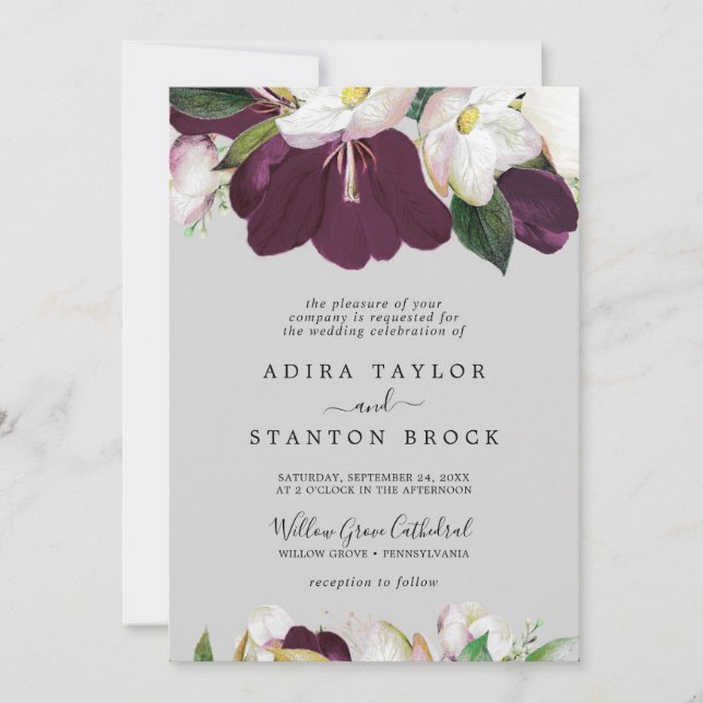 Invitation Moody Purple Blooms | Mariage officiel gris (Devant)