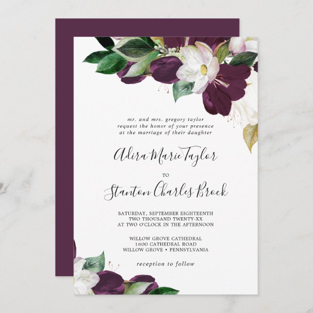 Invitation Moody Purple Blooms Mariage traditionnel (Devant / Derrière)