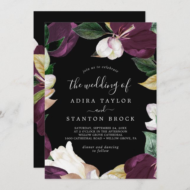 Invitation Moody Purple Blooms | Noir Le Mariage De (Devant / Derrière)