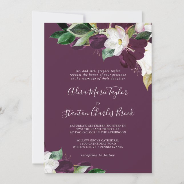Invitation Moody Purple Blooms | Plum Mariage traditionnel (Devant)