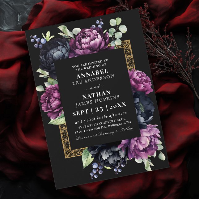 Invitation Moody Purple et Black Elegant Mariage floral (Créateur téléchargé)