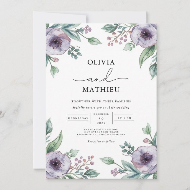 Invitation Moody Purple Floral Mariage (Devant)