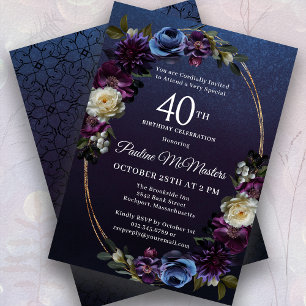 Invitation Moody Purple Flowers 40e fête d'anniversaire