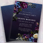 Invitation Moody Purple Flowers 50e anniversaire<br><div class="desc">Des fleurs violettes profondes avec des pops de blanc et de bleu créent une palette d'hiver maussade. Elles sont nichées dans un feuillage vert foncé et noir. L'arrière - plan d'aquarelle bleu foncé lui donne une ambiance gothique et encadre parfaitement les fleurs. Il fait également apparaître le texte blanc. Cette...</div>