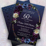 Invitation Moody Purple Flowers 60e anniversaire<br><div class="desc">Des roses et des fleurs sauvages chics et mauves, sophistiqués et mauves, créent un design floral chic. Des côtelettes de blanc et de bleu ajoutent un intérêt visuel et une profondeur. Les baies et les fruits ajoutent au design sulfureux. Ensemble, elles décorent un cadre en or ovale à plusieurs brins...</div>