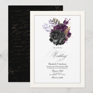 Invitation Moody Purple, Gold et Black Floral Mariage