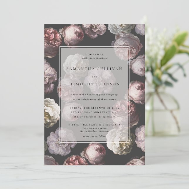 Invitation Moody romantique Delicate noir foncé Mariage flora (Debout devant)