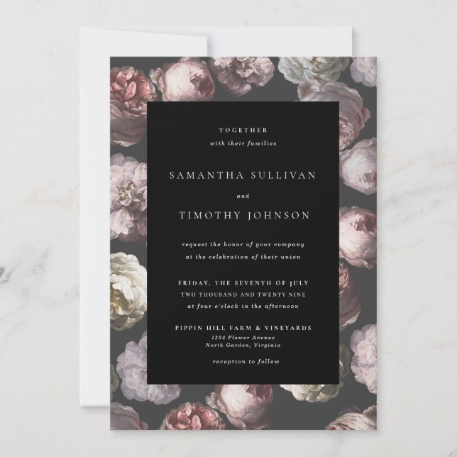 Invitation Moody romantique Delicate noir foncé Mariage flora (Devant)