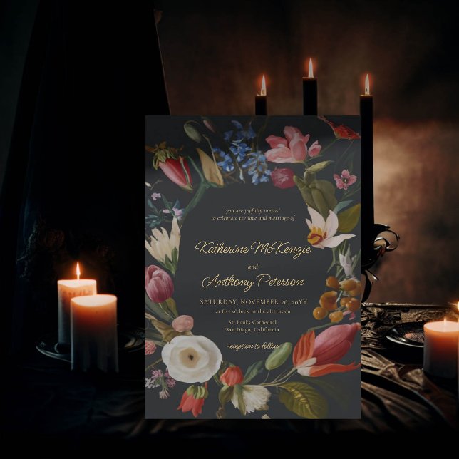 Invitation Moody Romantique gothique foncé Mariage de cadre f (moody romantic wedding invitation red blue floral frame painting dutch masters elegant gothic dark)
