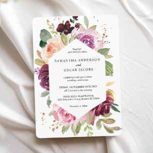 Invitation Moody & Rustic Bourgogne aquarelle Cadre Floral