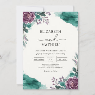 Invitation Moody Turquoise Floral Aquarelle Mariage