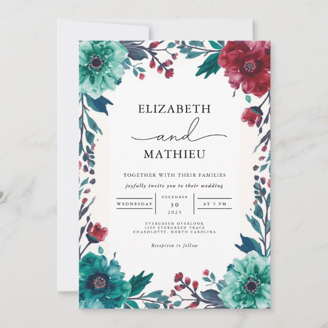 Invitation Moody Turquoise Floral Bordure Mariage (Devant)